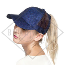 Load image into Gallery viewer, Glitter CC Pony Tail Hats with Direct Embroidery

