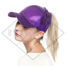 Load image into Gallery viewer, Glitter CC Pony Tail Hats with Direct Embroidery
